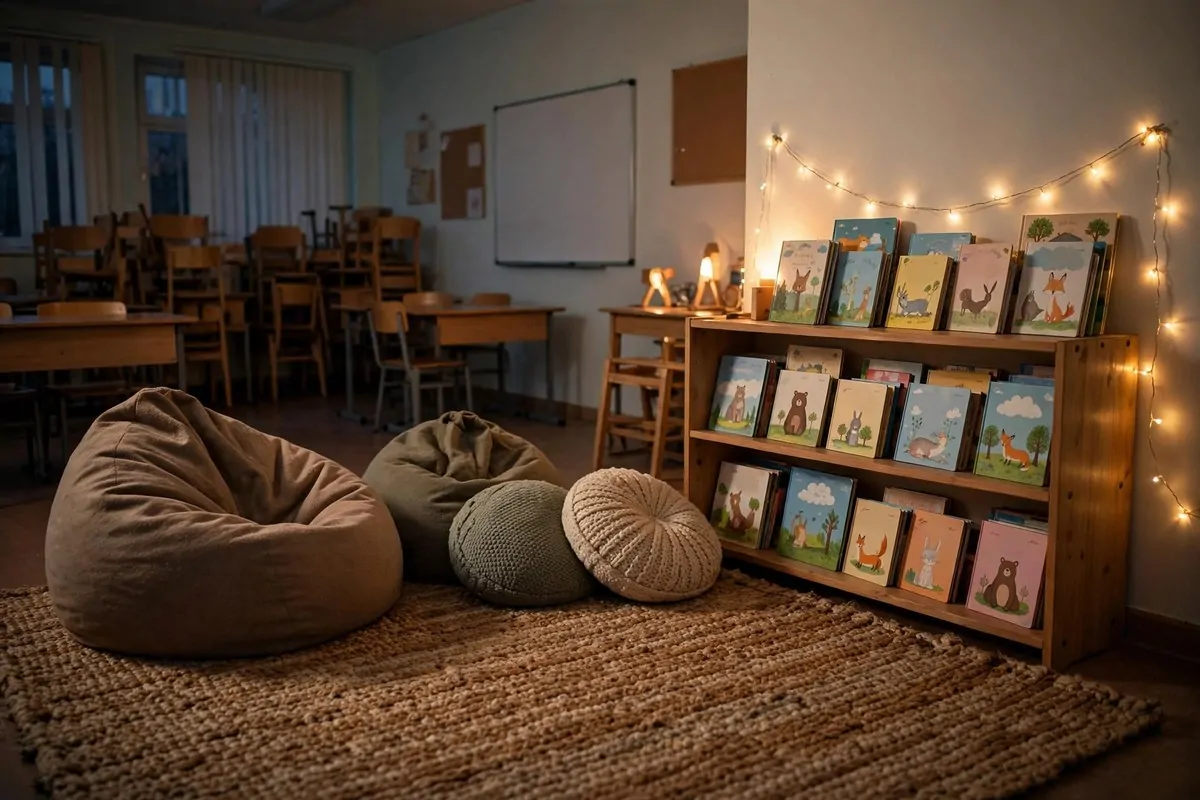 20 Reading Nook Classroom Setups Kids Beg to Visit 10 A cozy classroom chill zone with bean bags, fairy lights and a rug