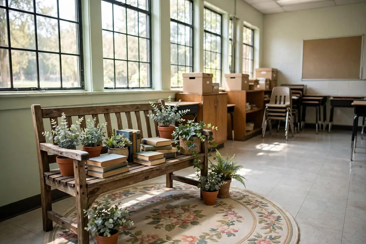 20 Reading Nook Classroom Setups Kids Beg to Visit 11 A book garden reading corner with a bench, flower pots and plants