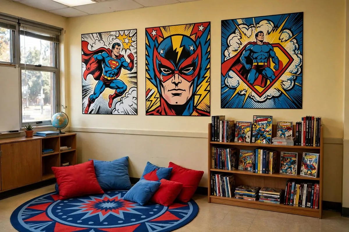 20 Reading Nook Classroom Setups Kids Beg to Visit 12 A superhero comic reading corner with bold posters and graphic novels
