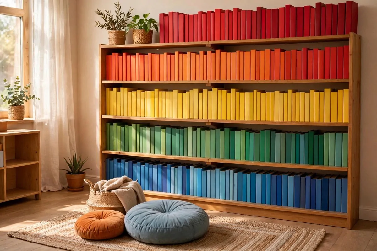 20 Reading Nook Classroom Setups Kids Beg to Visit 13 A classroom bookshelf with children's books arranged in rainbow color order