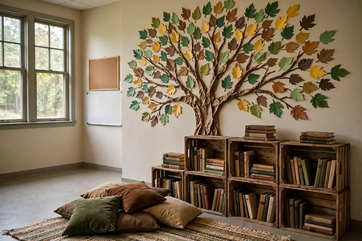 20 Reading Nook Classroom Setups Kids Beg to Visit 15 A woodland reading retreat with a tree wall decal, leaf cutouts and crate shelves