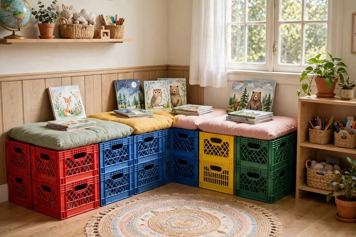 20 Reading Nook Classroom Setups Kids Beg to Visit 16 A classroom reading bench built from stacked milk crates with cushions