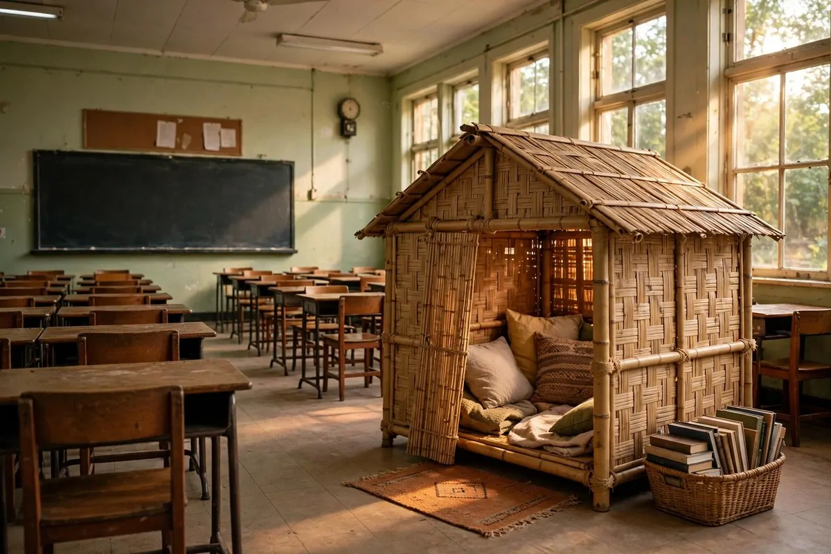 20 Reading Nook Classroom Setups Kids Beg to Visit 17 A bamboo reading hut with mats inside a classroom