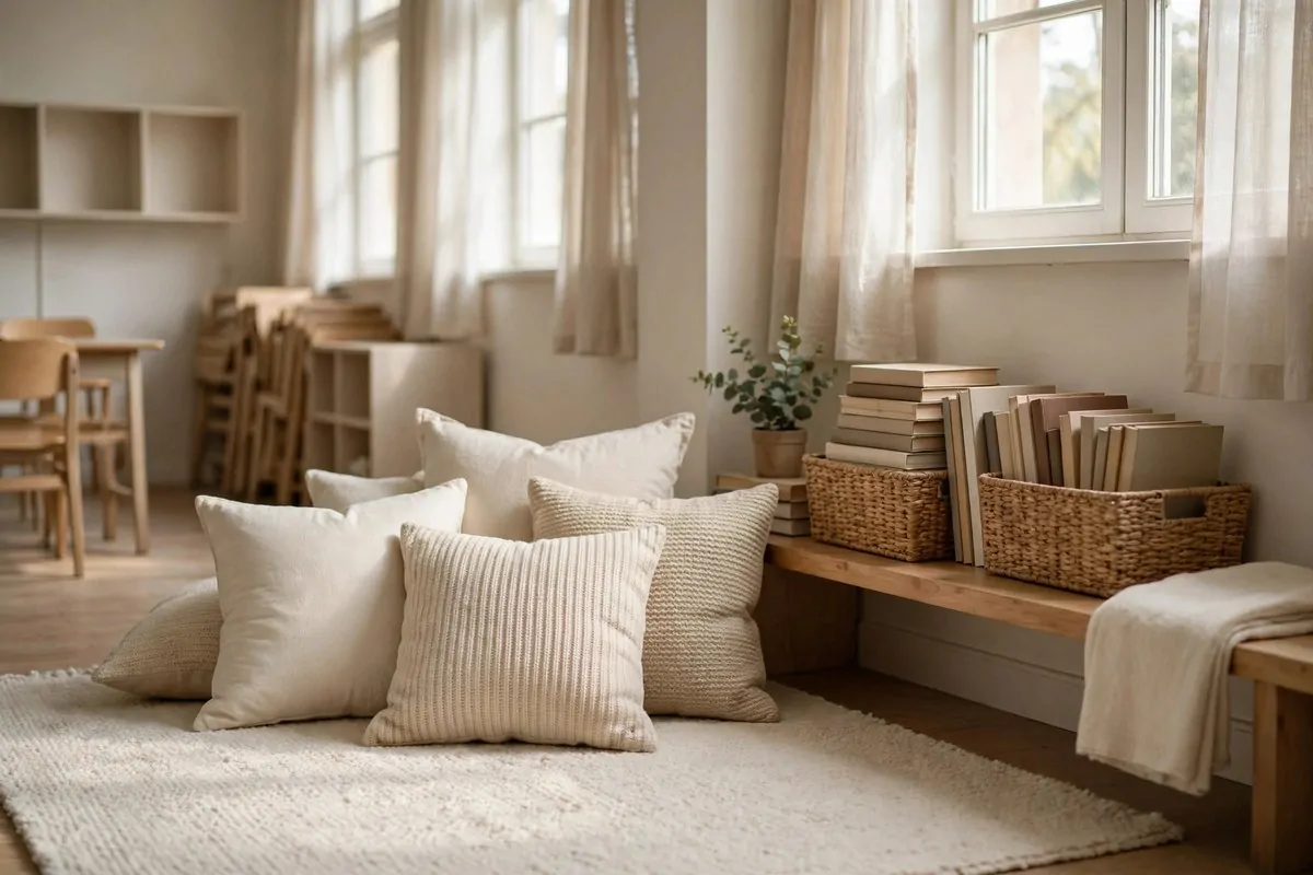 20 Reading Nook Classroom Setups Kids Beg to Visit 18 A calm neutral reading nook with woven baskets and cream pillows