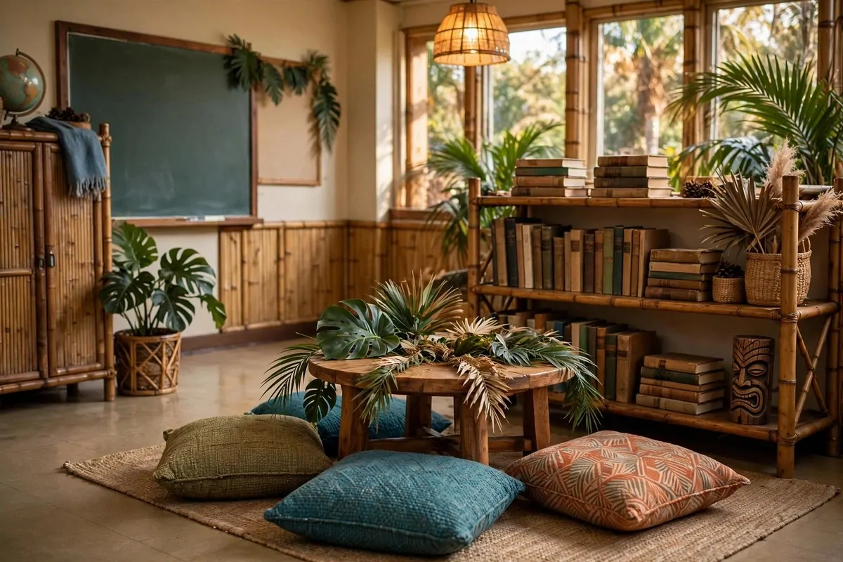 20 Reading Nook Classroom Setups Kids Beg to Visit 19 A tropical tiki style group reading corner with a round table