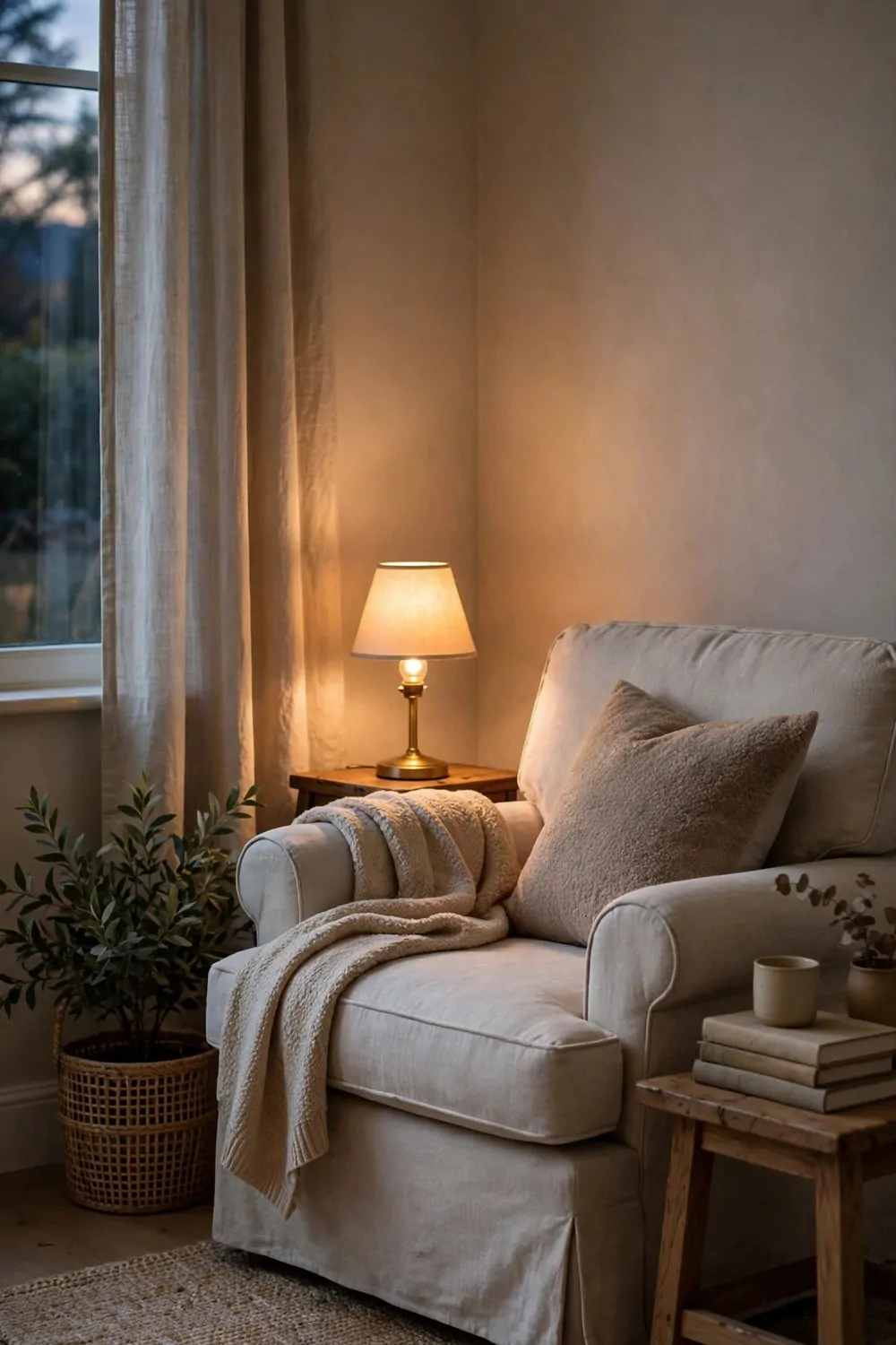 A small warm lamp glowing beside a reading chair in a quiet corner, soft evening light, cozy and calm