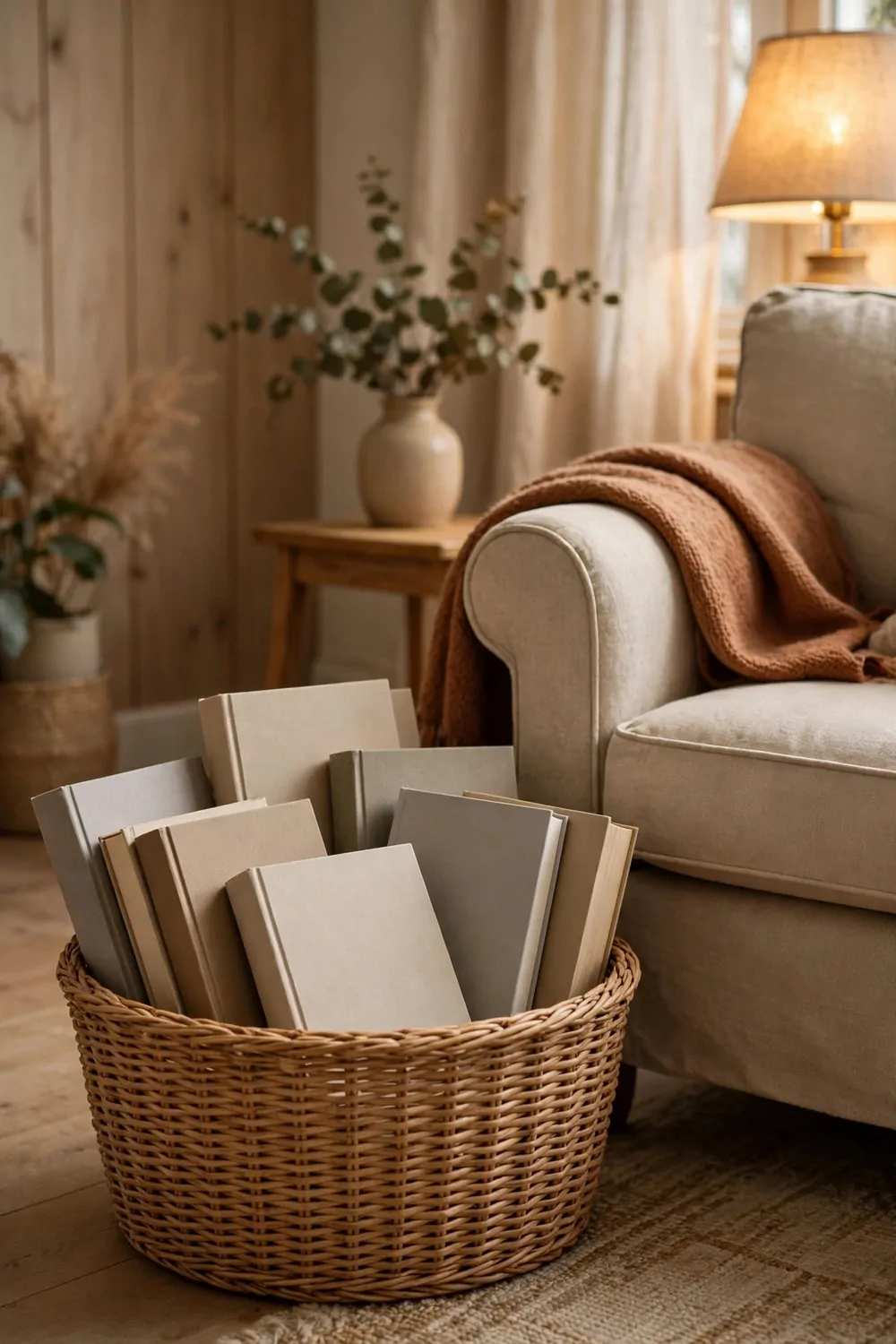 A woven basket full of books beside a reading chair, warm light, tidy and cozy