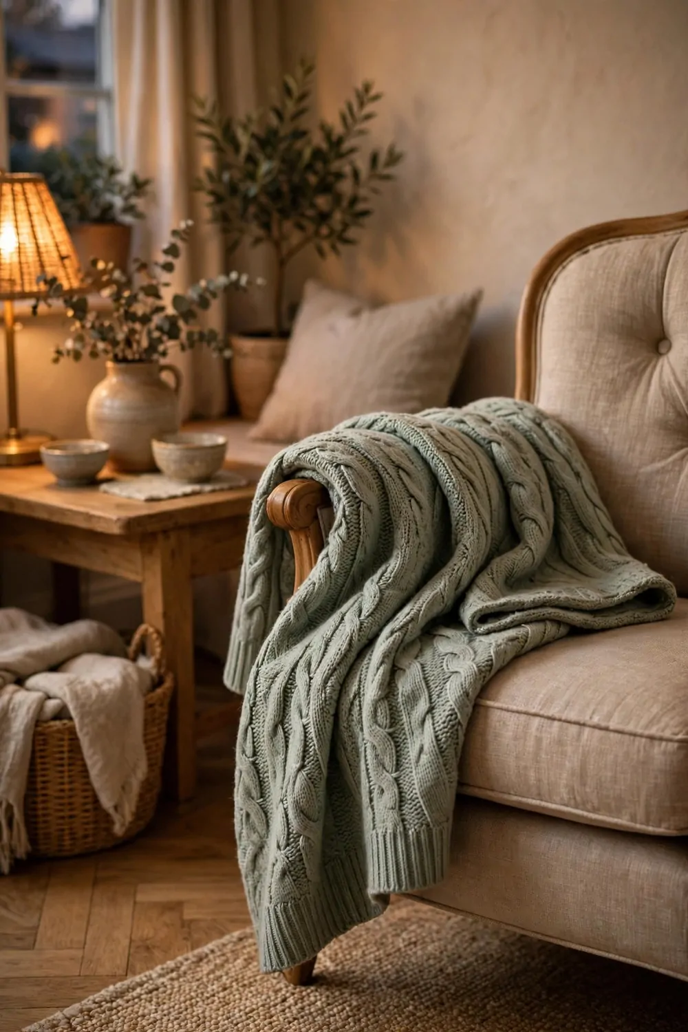 A soft folded blanket draped over the arm of a reading chair, warm light, cozy and calm