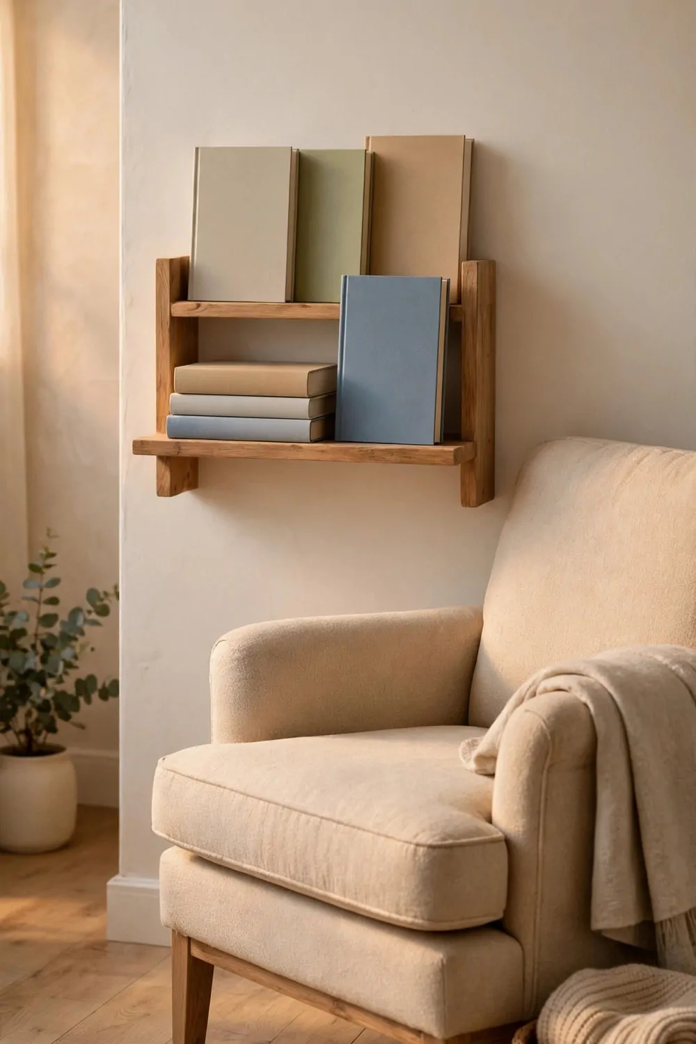 A small wooden shelf beside a reading chair holding books with blank covers, warm light, tidy and neat