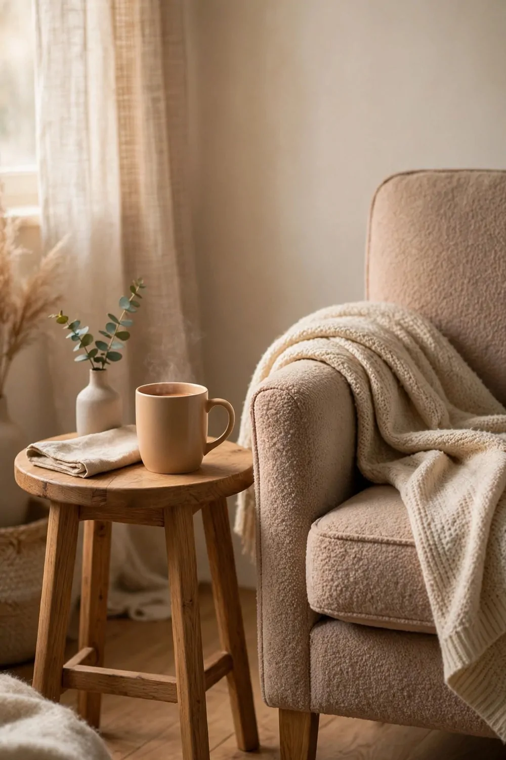 A warm mug on a small side table beside a reading chair, soft light, cozy and calm