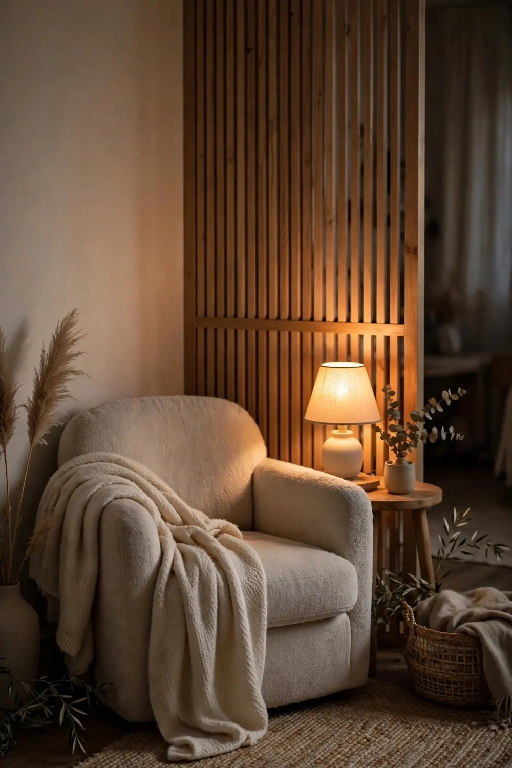 A quiet reading corner away from the room with a soft chair and a small lamp, warm light, calm and peaceful