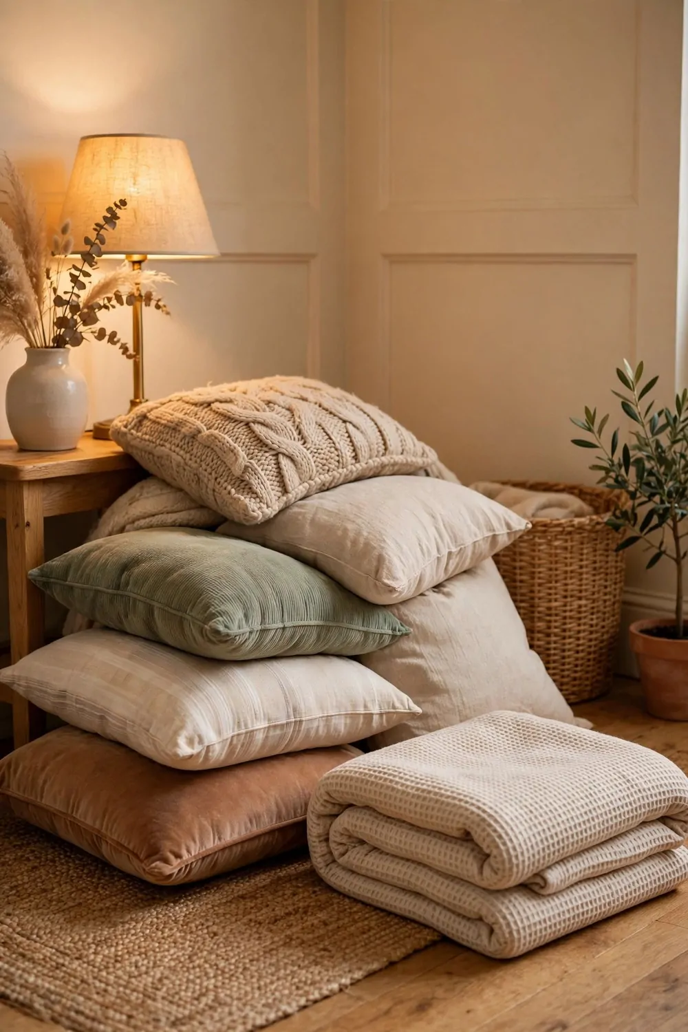 A pile of soft cushions and a folded blanket in a cozy reading corner, warm light, calm and cozy