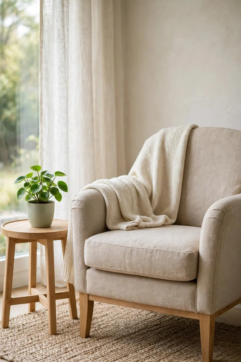 A small green plant on a side table beside a reading chair, soft daylight, fresh and calm