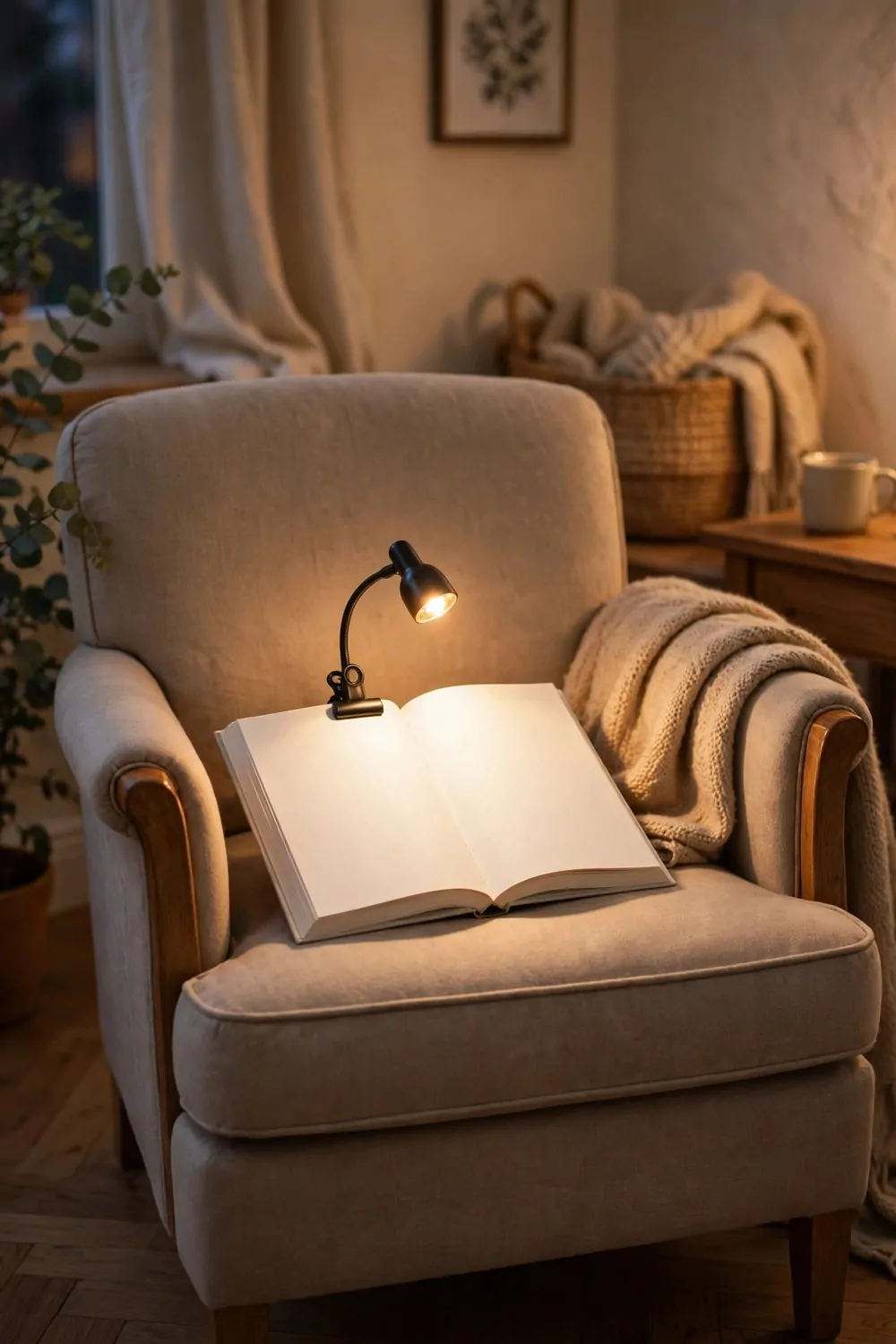 A small clip-on reading light glowing over an open book on a chair, warm light, cozy and calm