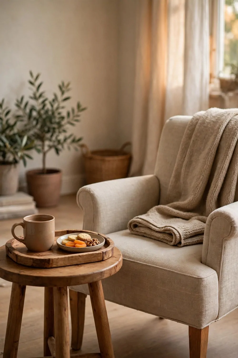 A wooden tray on a small table beside a reading chair holding a mug and a small snack plate, warm light, tidy and calm