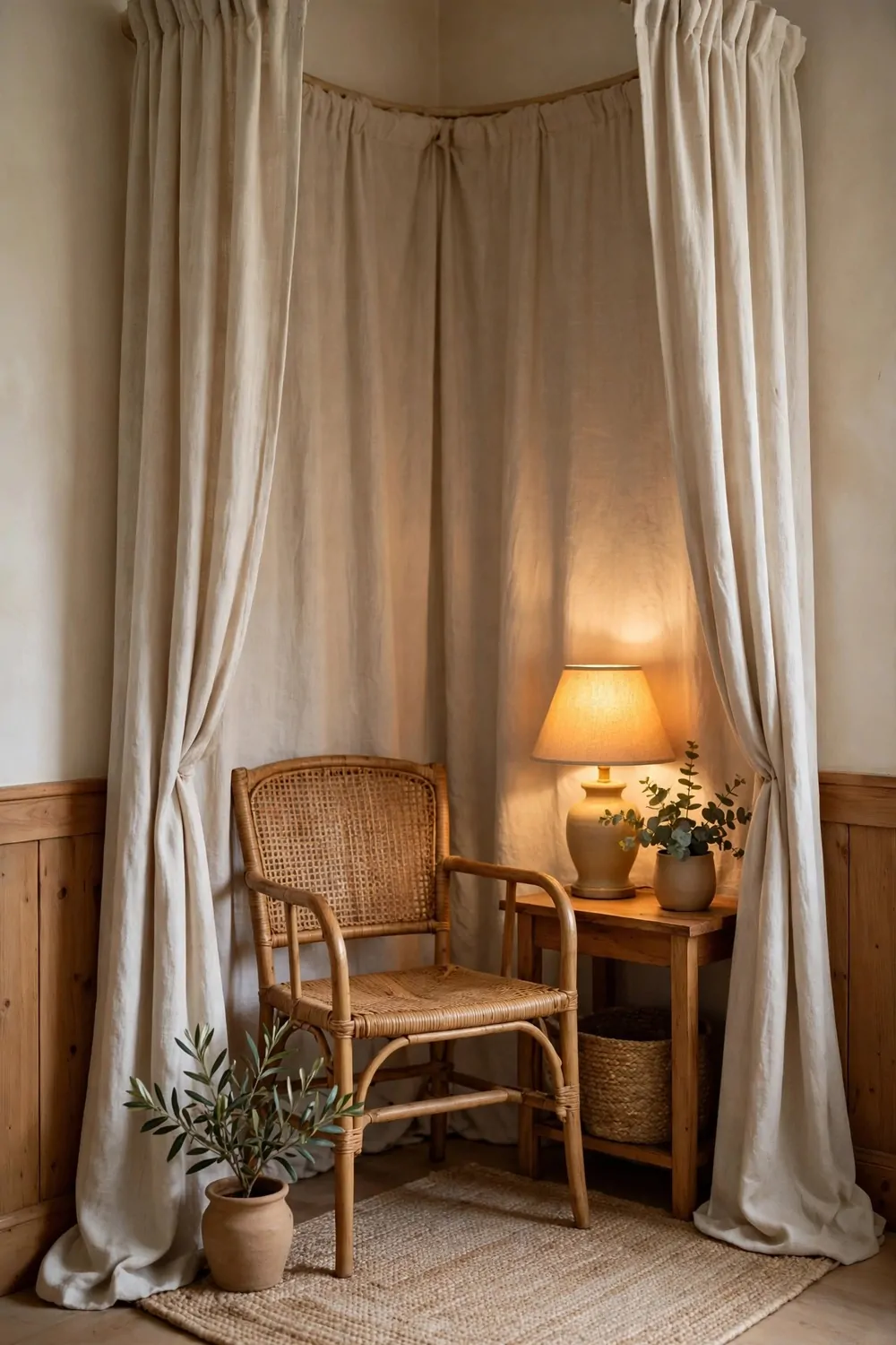 A soft curtain pulled around a cozy reading corner with a chair and a lamp, warm light, calm and private
