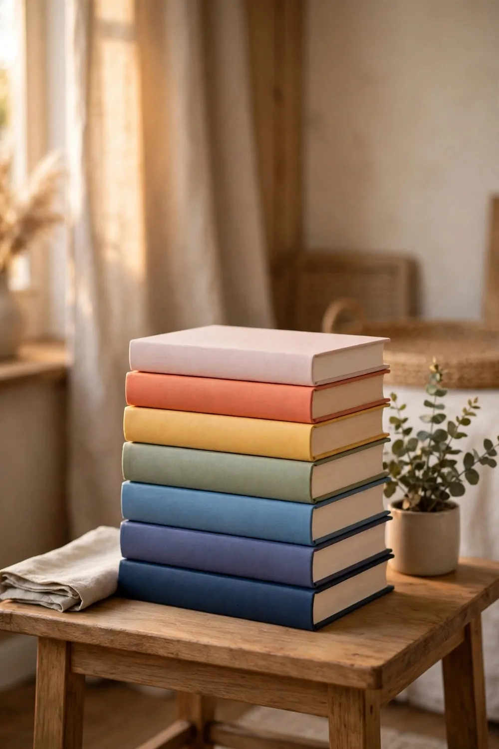 A neat stack of books with blank covers sorted by colour on a small table, warm light, tidy and calm