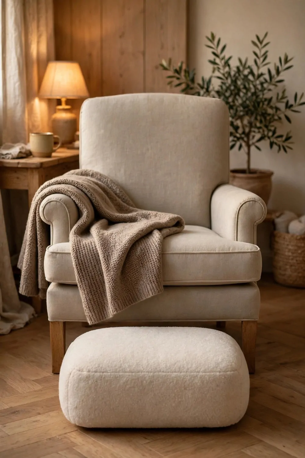 A soft footrest in front of a reading chair with a folded blanket, warm light, cozy and calm