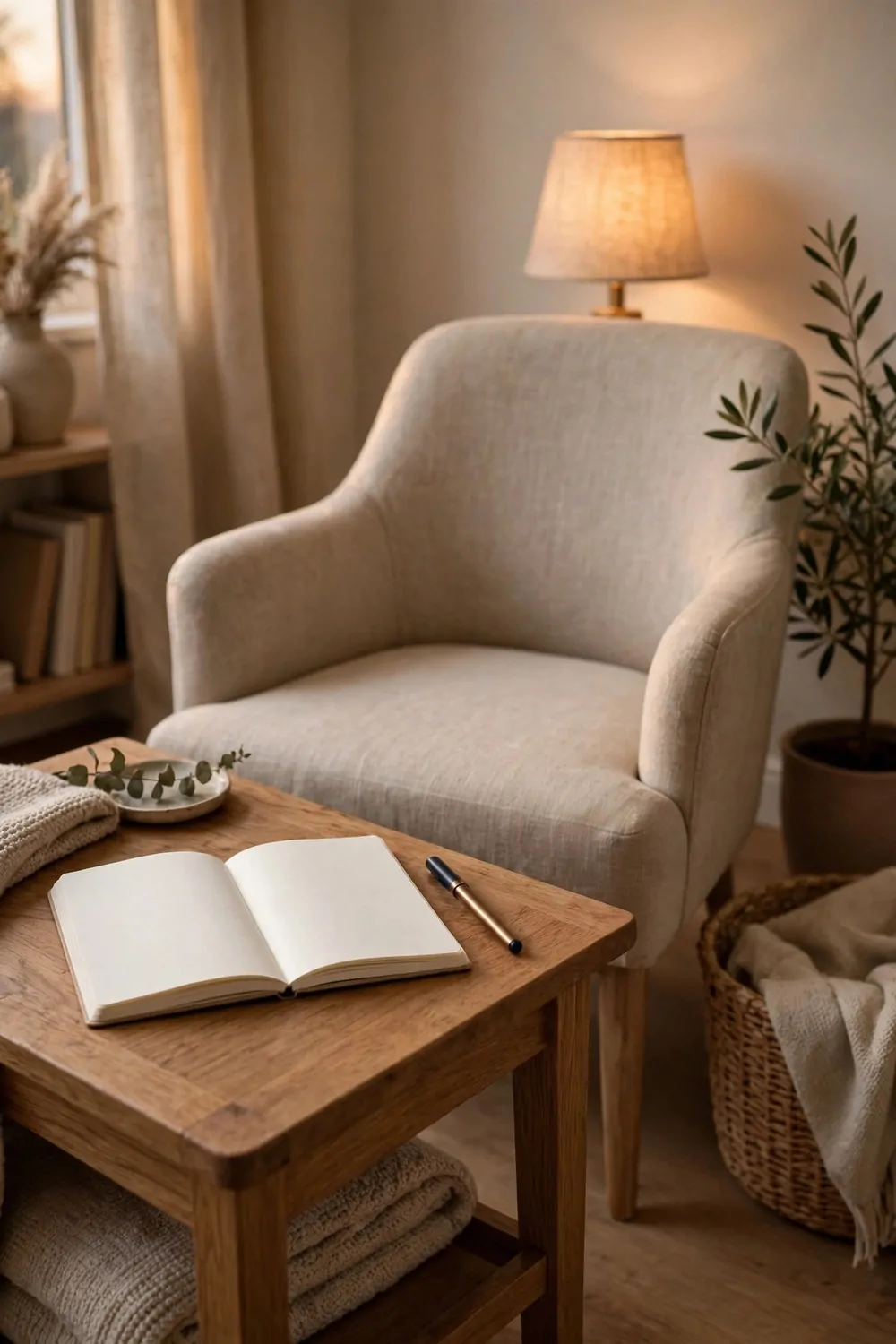 A small open notebook and a pen on a side table beside a reading chair, warm light, tidy and calm