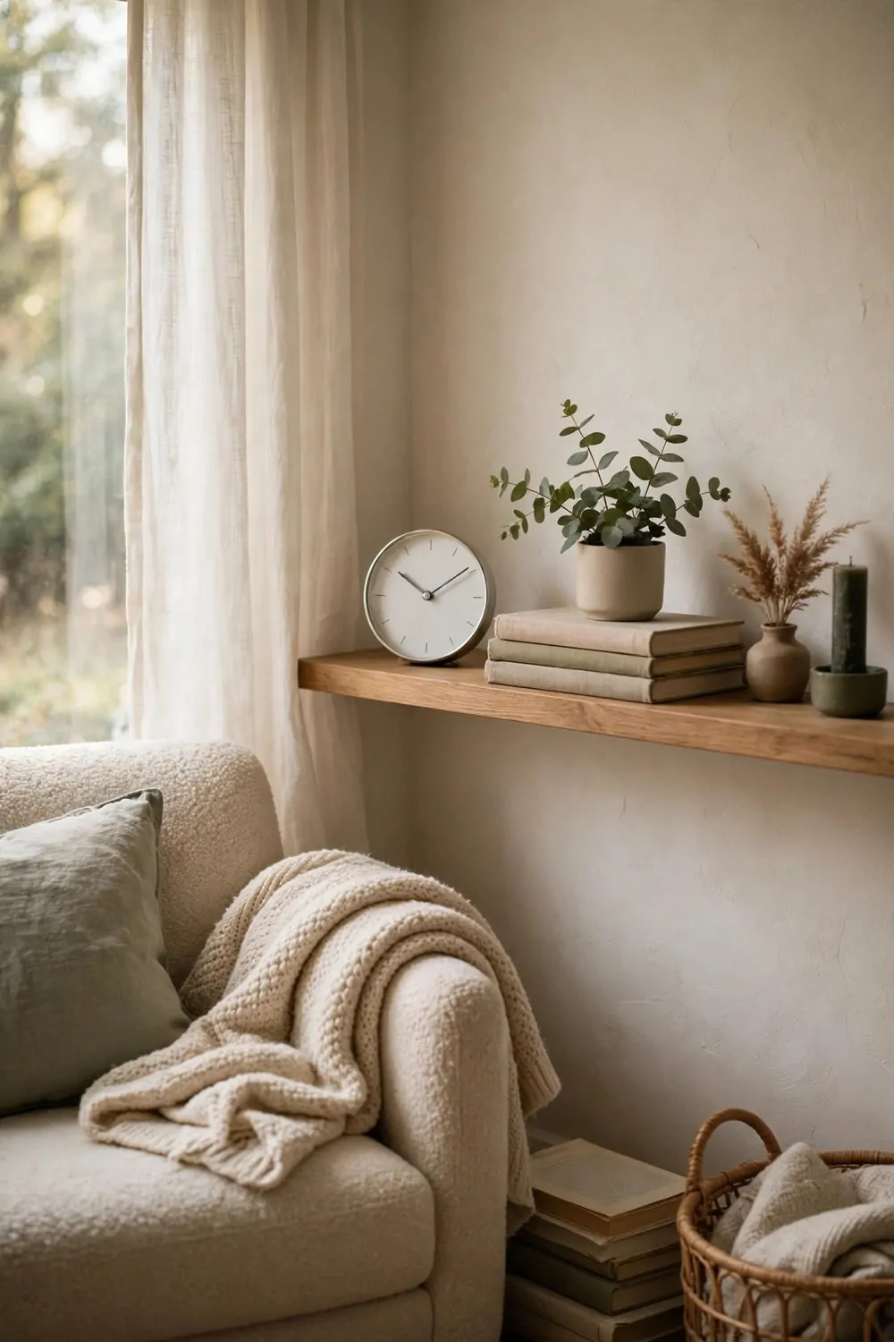 A small round clock on a shelf in a cozy reading corner, soft light, calm and quiet