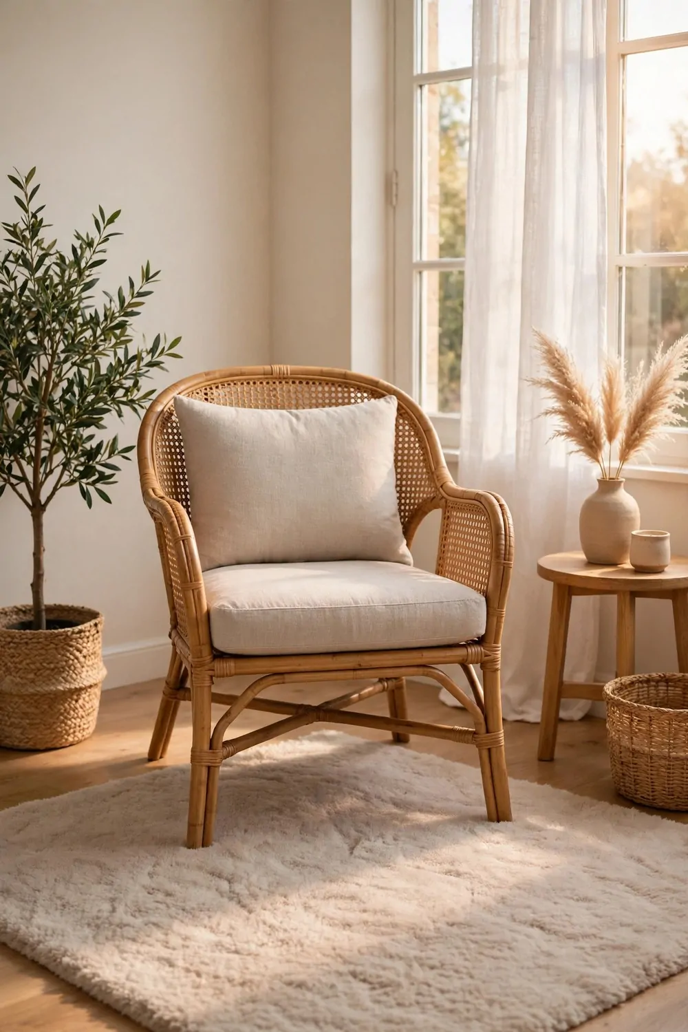 A soft rug under a reading chair in a bright corner, warm light, tidy and cozy