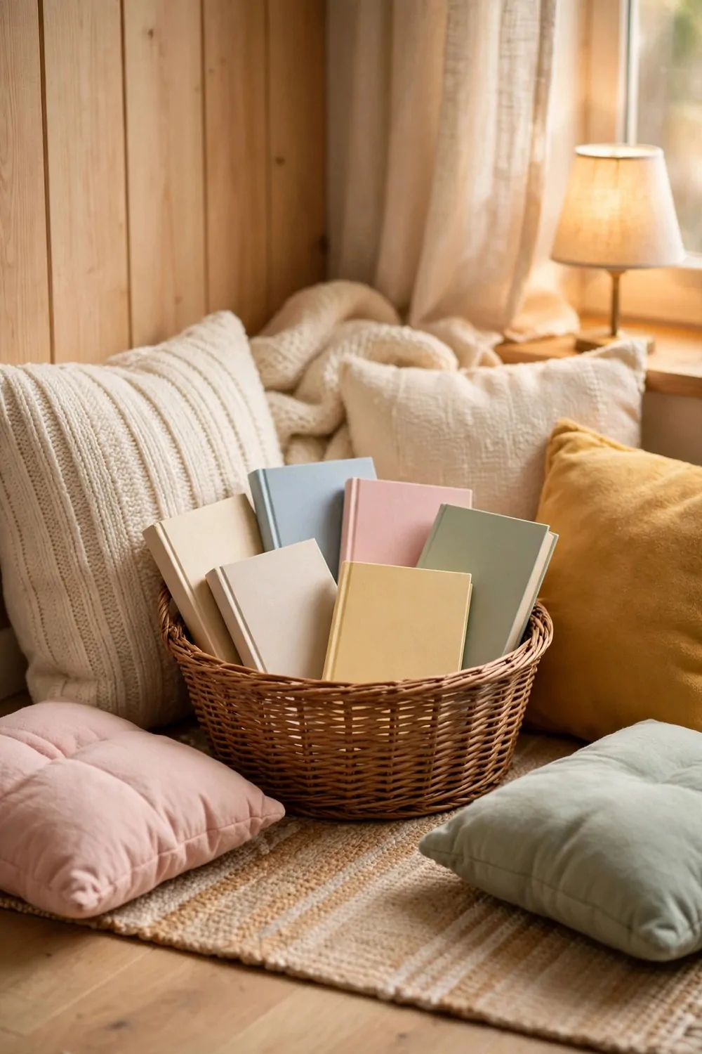 A small cozy reading spot for a child with soft cushions and a basket of books, warm light, calm and cheerful