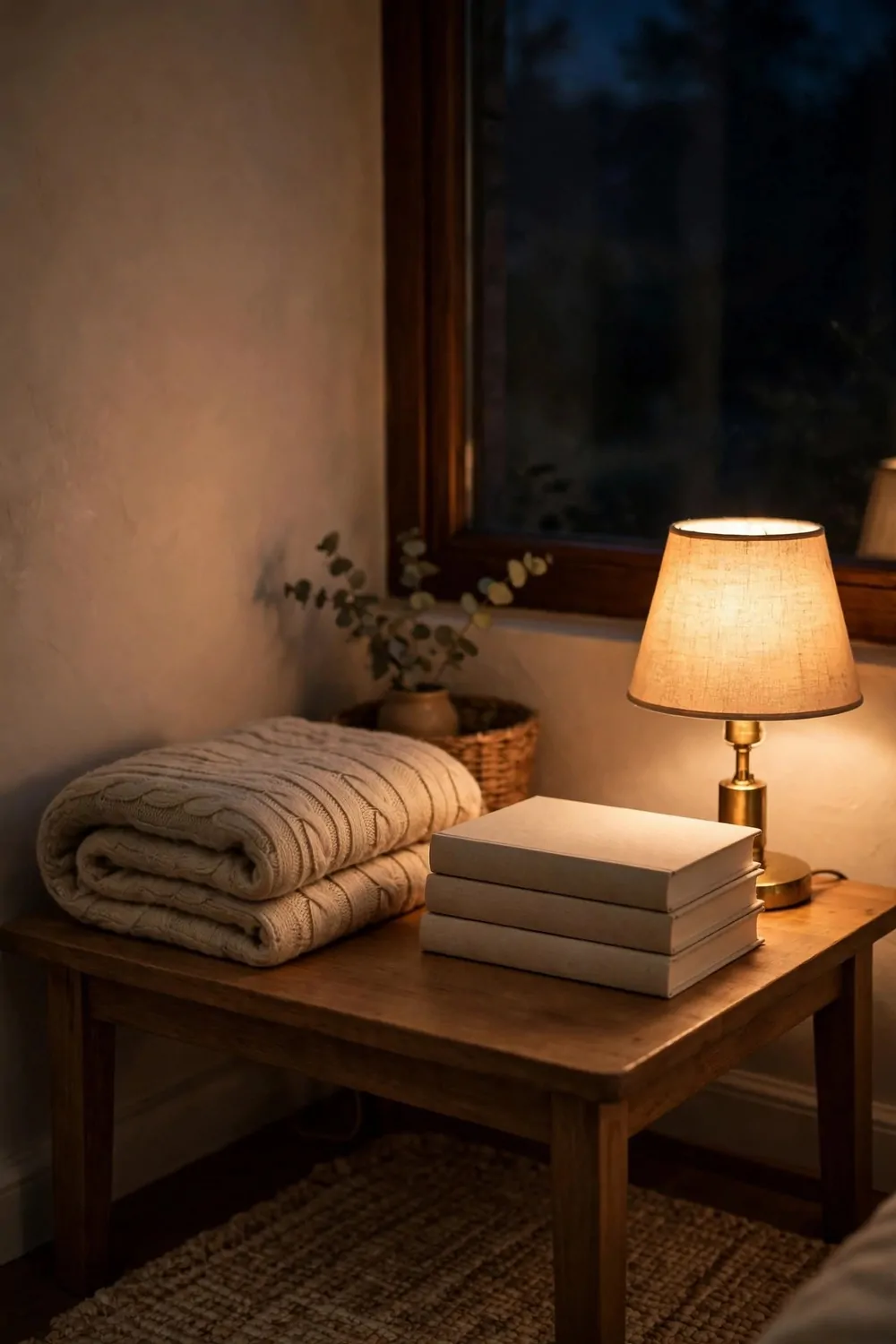 A tidy reading nook at night with a folded blanket, a small lamp glowing and a stack of books, warm soft light