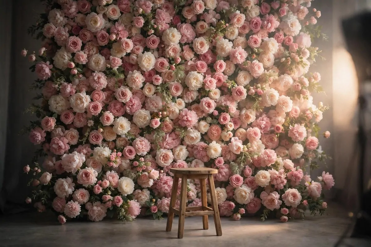 Lush pink and cream flower wall backdrop for Senior Photo Studio Ideas portraits