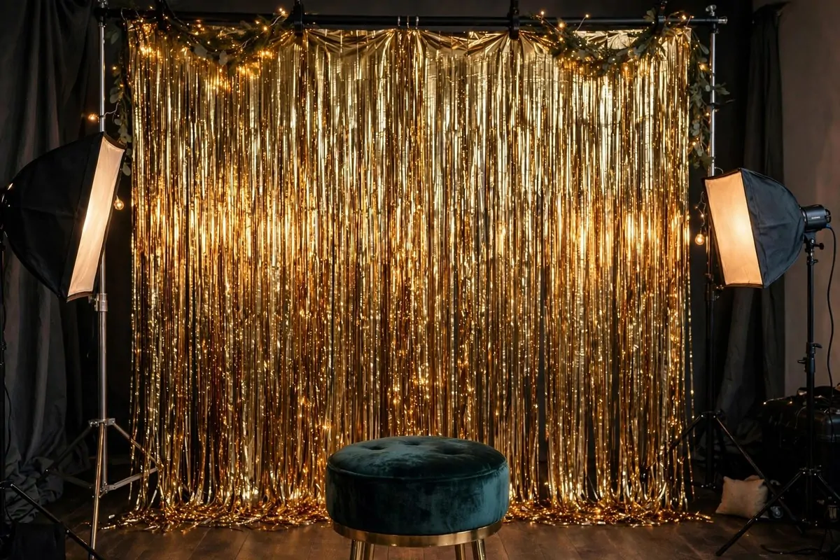 Gold fringe curtain backdrop with warm studio light for Senior Photo Studio Ideas portraits