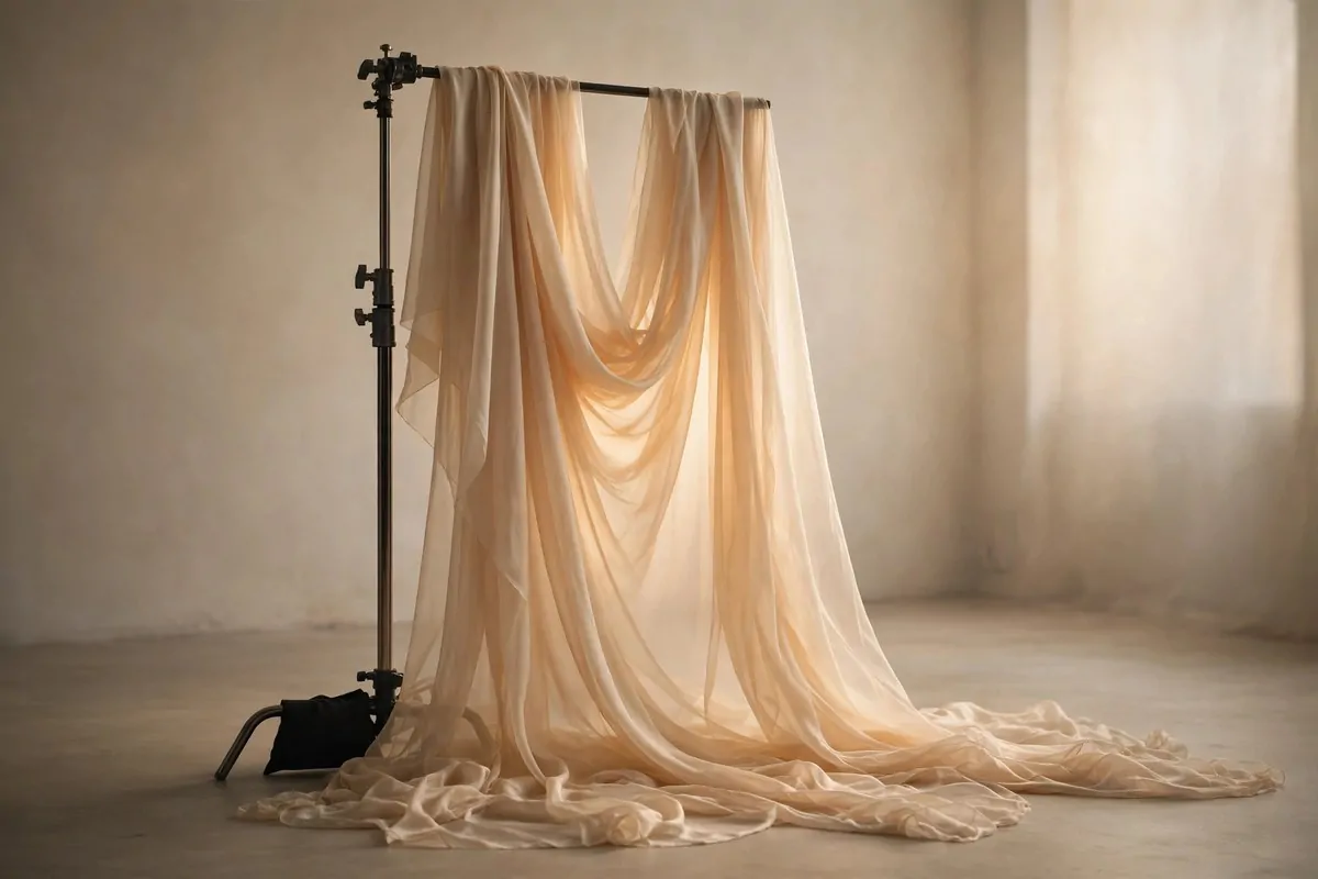 Flowing champagne fabric draped in a studio for Senior Photo Studio Ideas portraits