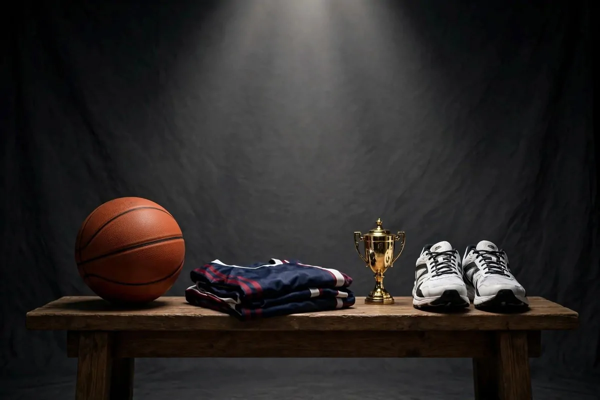 Sports gear corner with basketball jersey and trophy for Senior Photo Studio Ideas portraits