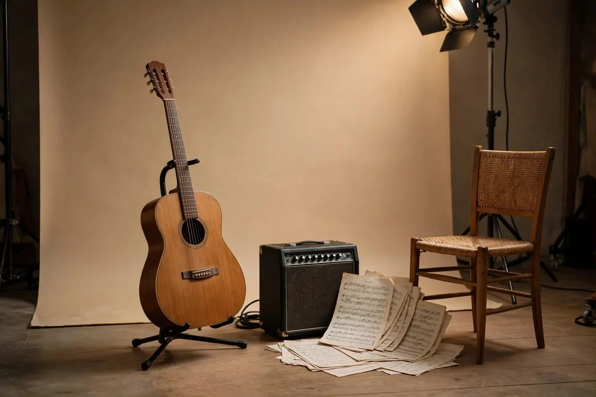 Acoustic guitar and sheet music staged in a studio for Senior Photo Studio Ideas portraits
