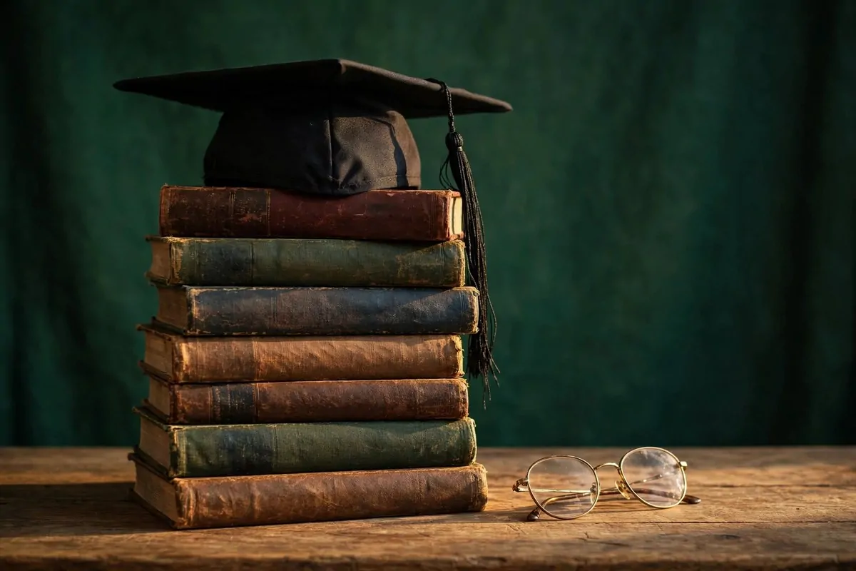 Stack of books with glasses and graduation cap for Senior Photo Studio Ideas portraits