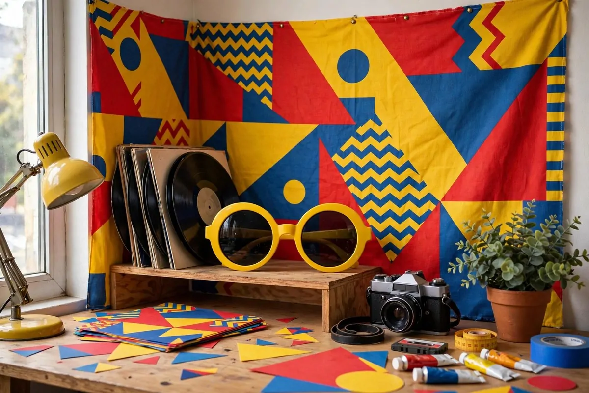 Retro pop corner with vinyl records and bold colors for Senior Photo Studio Ideas portraits