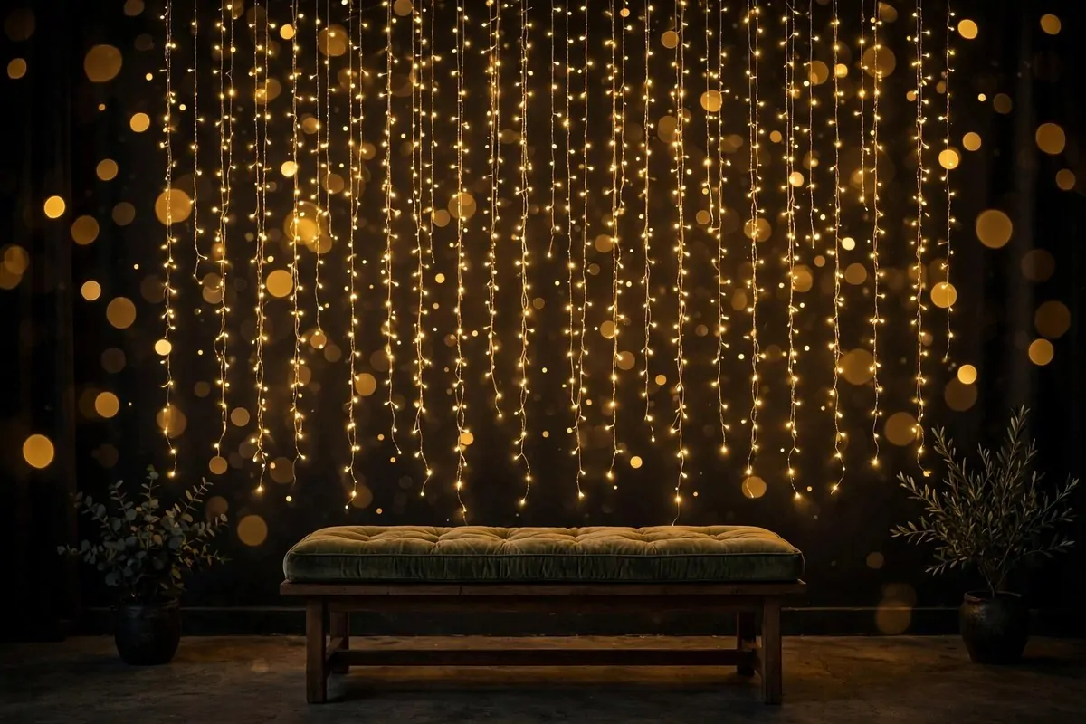 Warm fairy lights glowing on a dark studio wall for Senior Photo Studio Ideas portraits