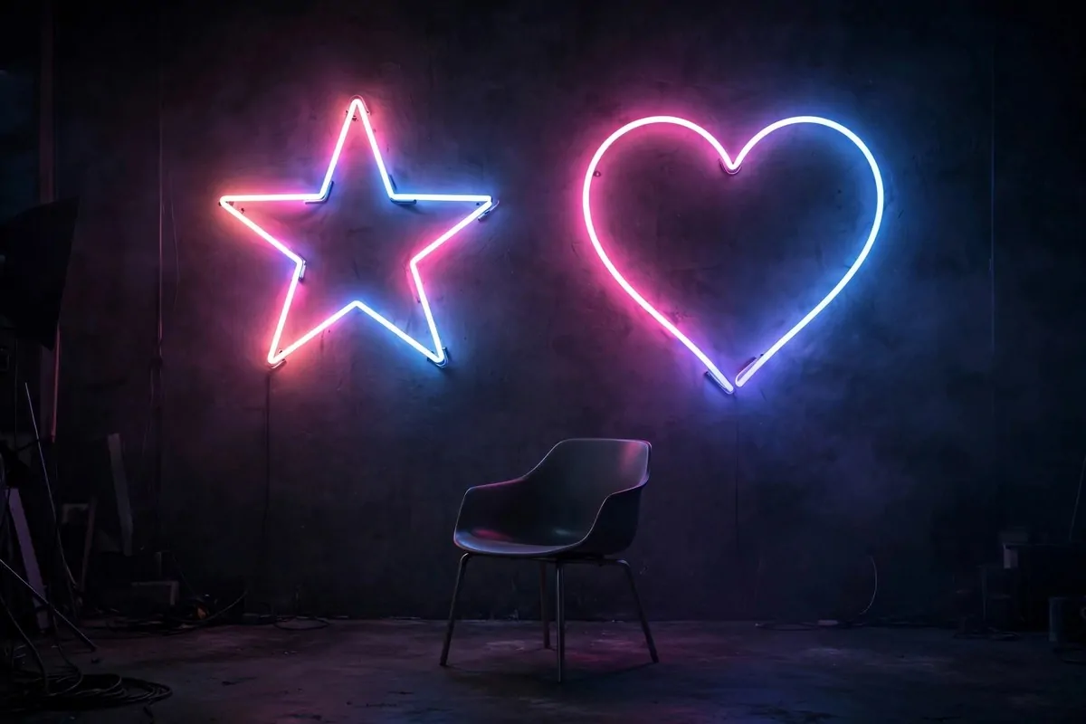 Neon star and heart glowing on a dark studio wall for Senior Photo Studio Ideas portraits