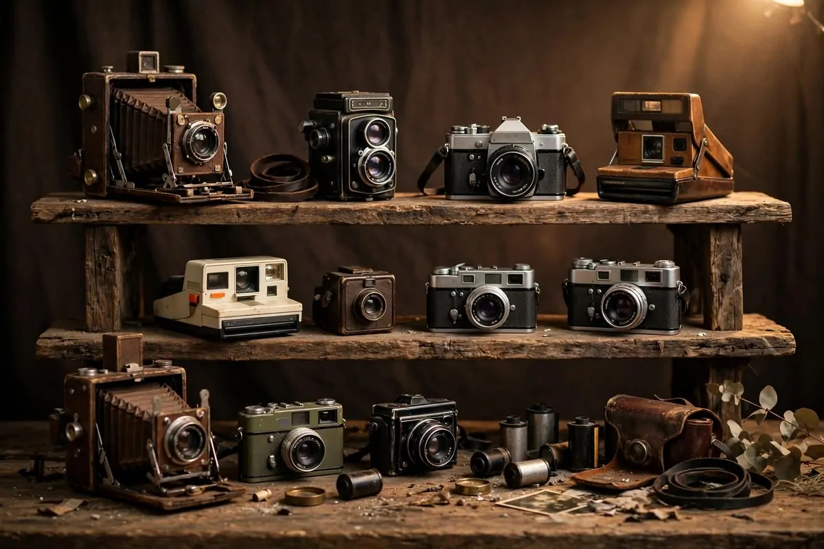 Vintage film cameras arranged on shelves for Senior Photo Studio Ideas portraits