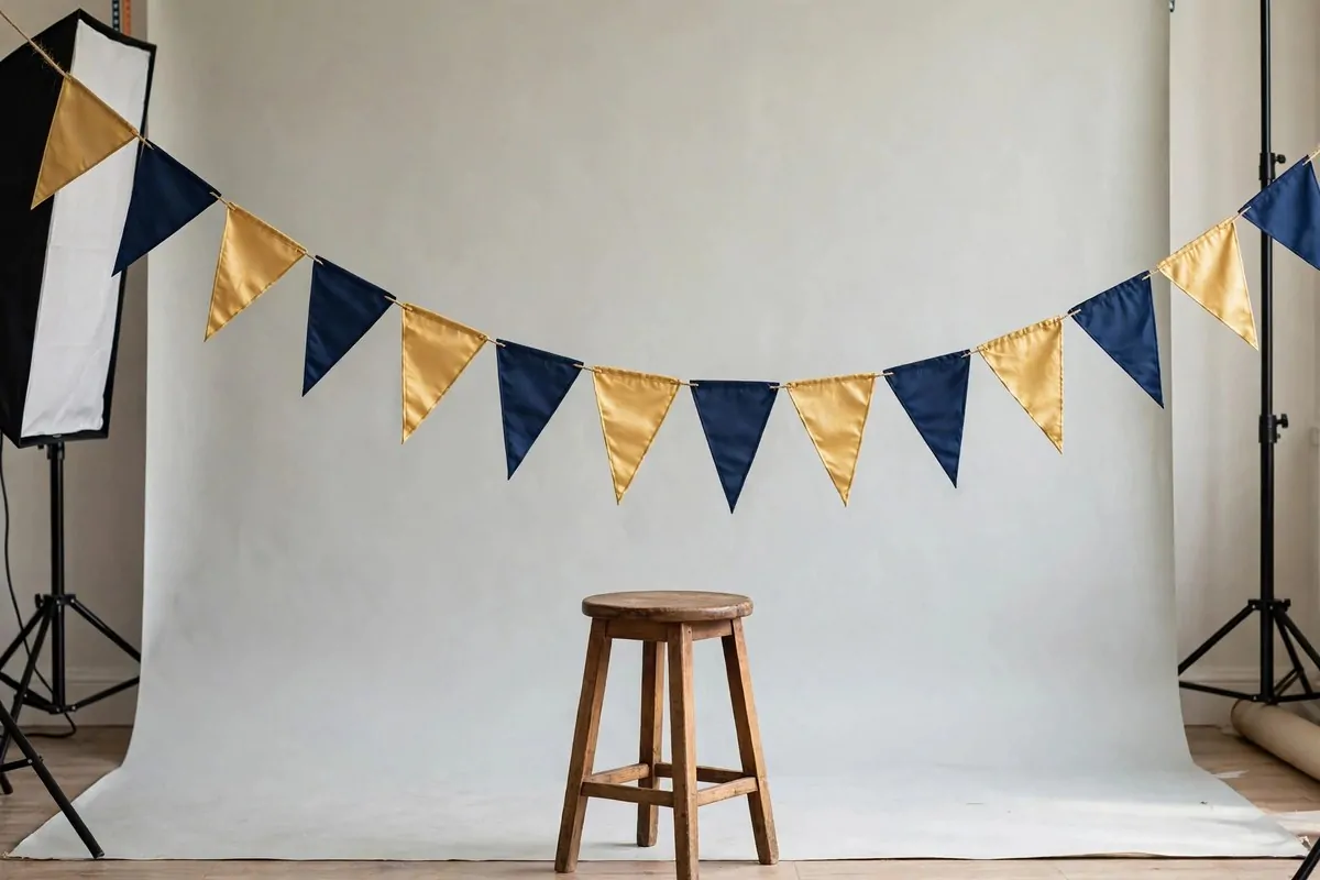 Navy and gold pennant banner in a studio for Senior Photo Studio Ideas portraits
