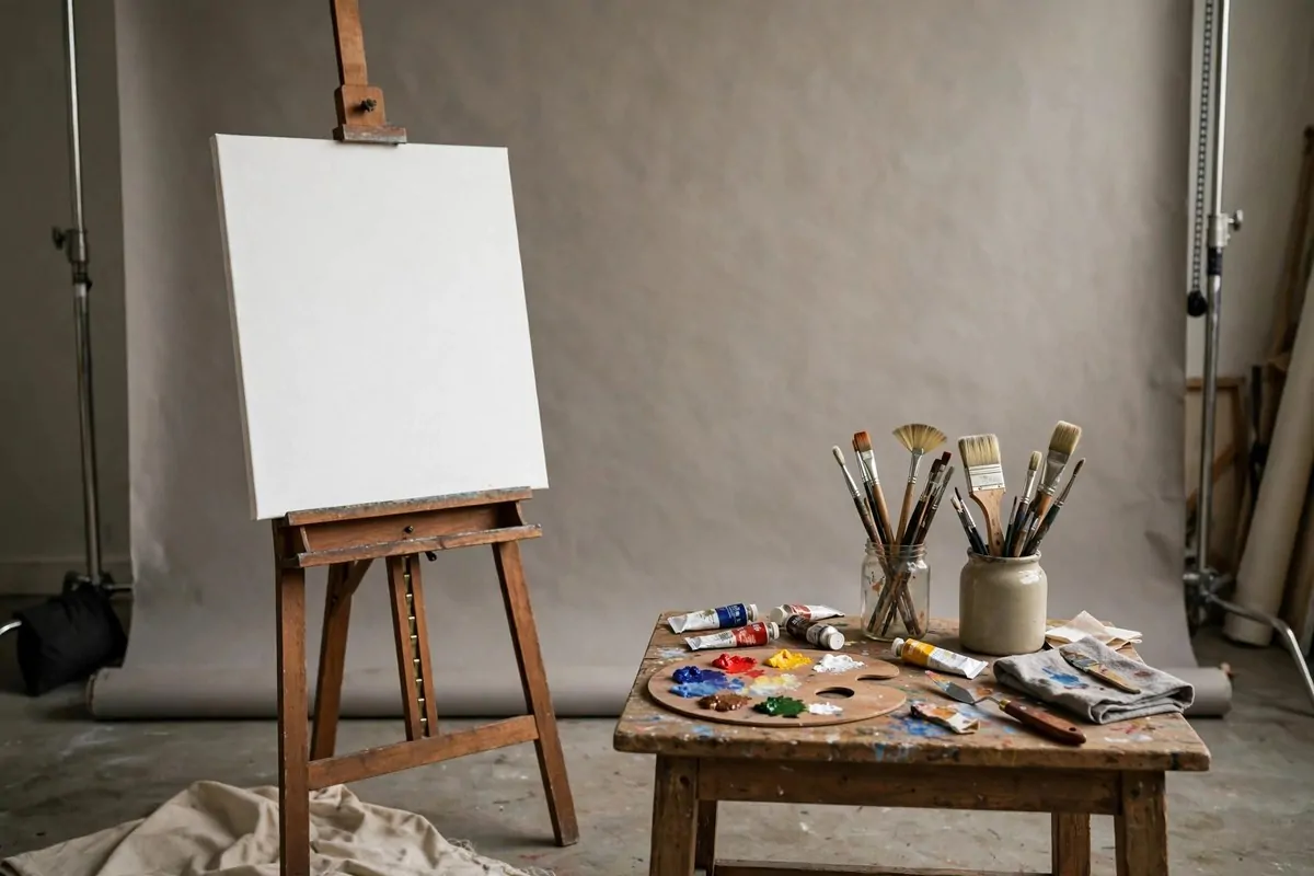 Art easel with canvas brushes and palette for Senior Photo Studio Ideas portraits