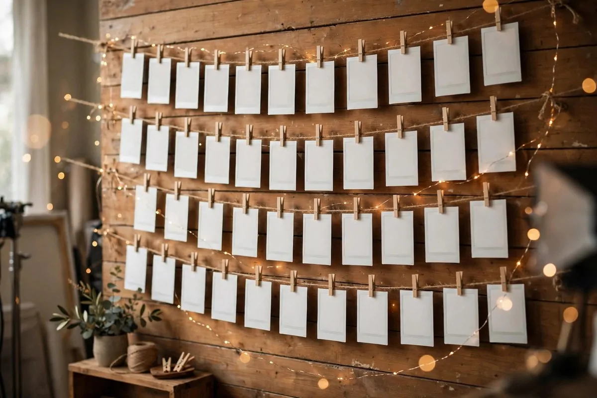 Blank instant frames on twine with fairy lights for Senior Photo Studio Ideas portraits