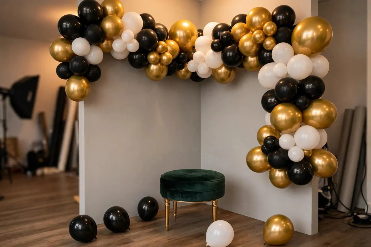 Black gold and white balloon garland arch for Senior Photo Studio Ideas portraits
