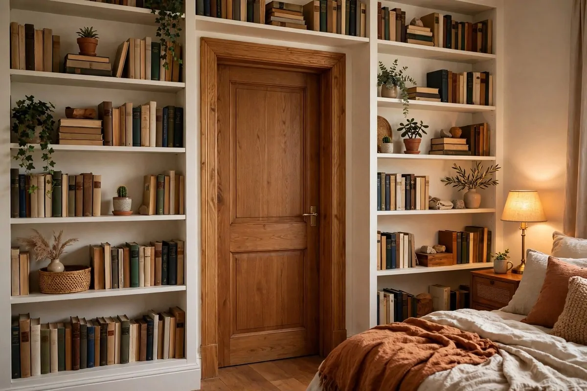 Bookshelves built around a wooden doorframe filled with books and small plants