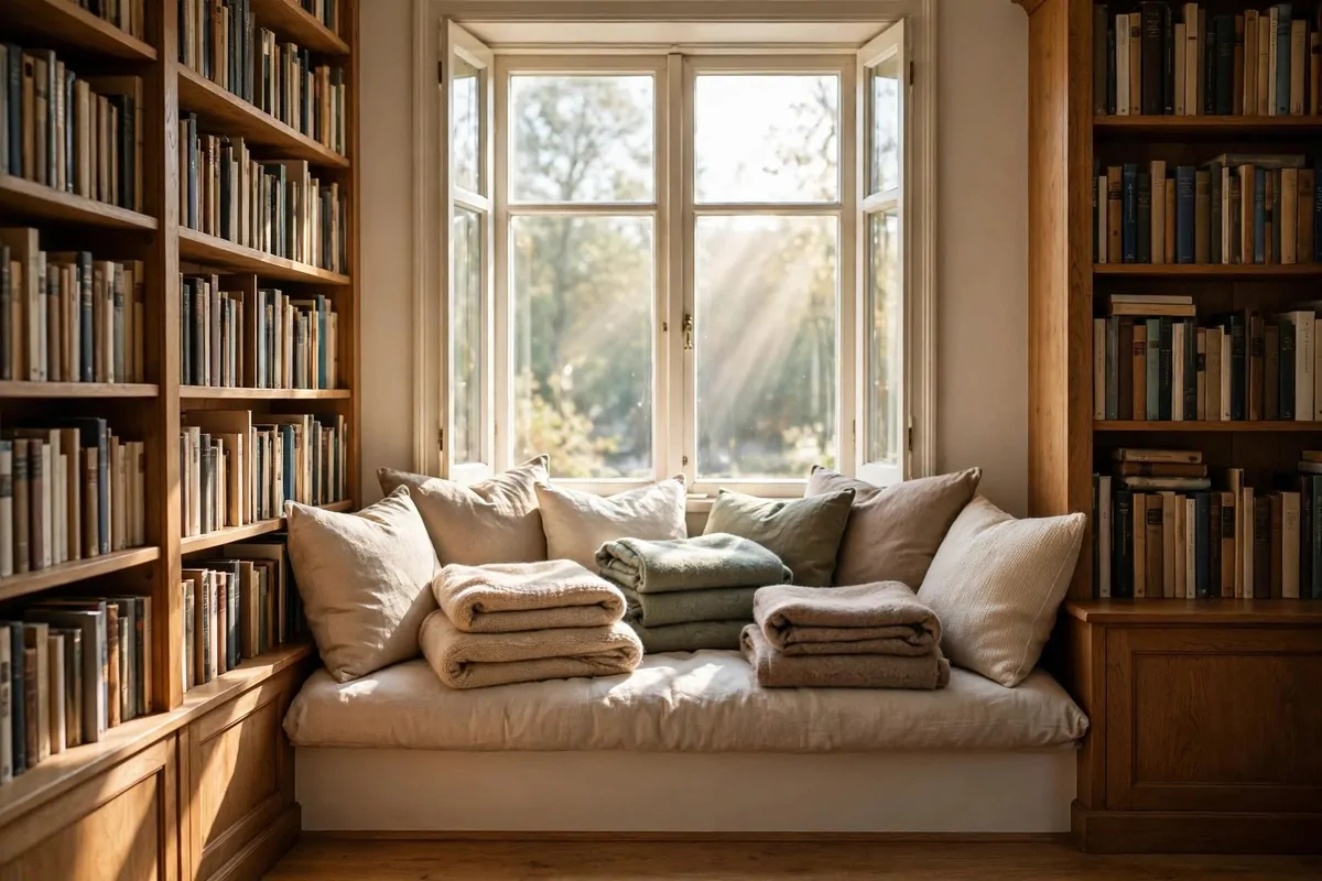 Window seat with cushions under a bright window flanked by bookshelves