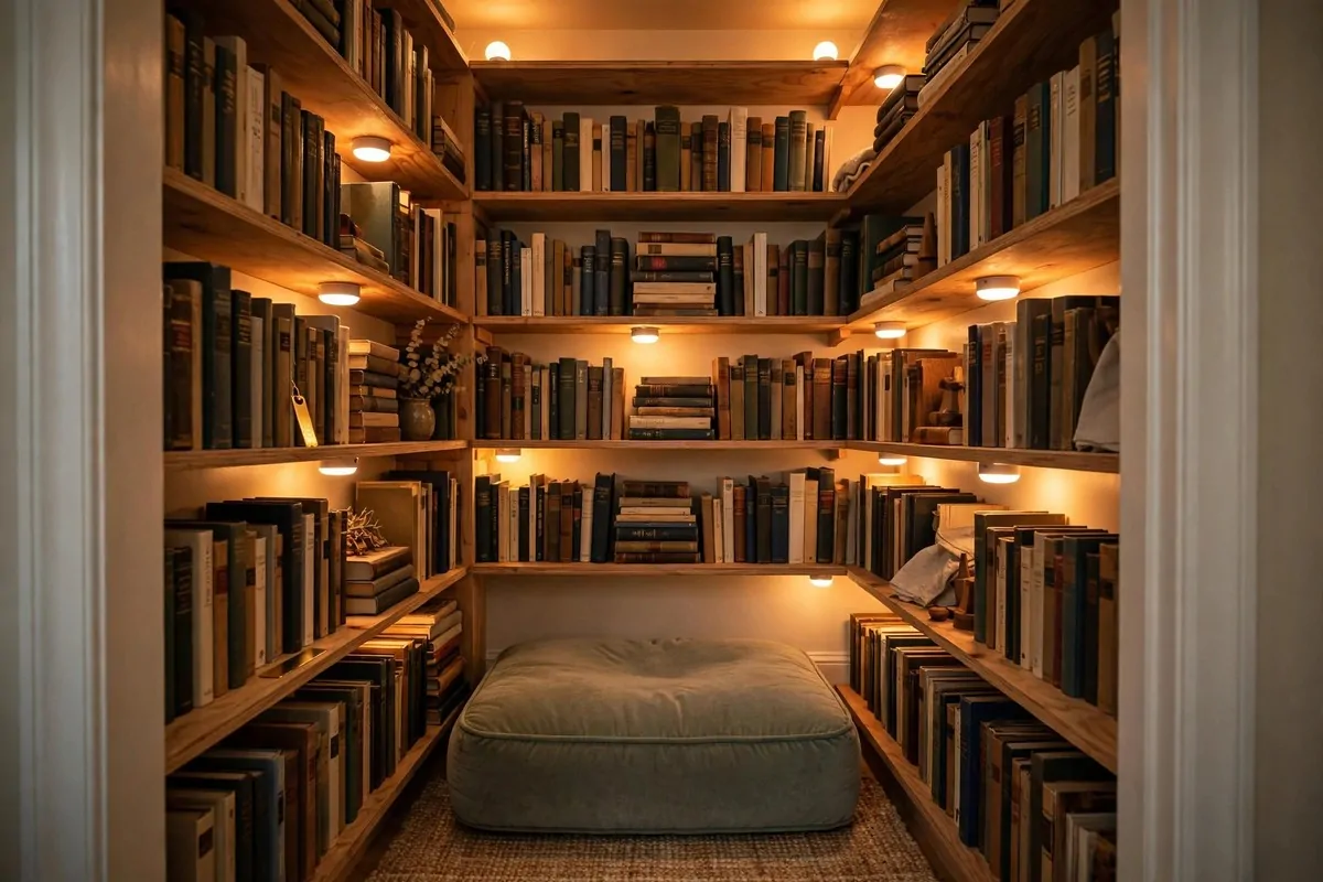 Small closet converted into a cozy library with shelves and a warm lamp