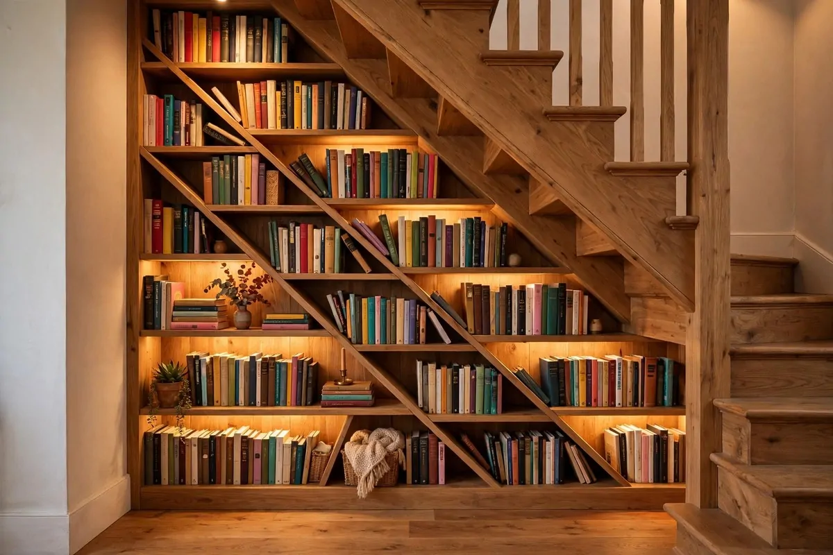Custom bookshelves fitted under a wooden staircase filled with books