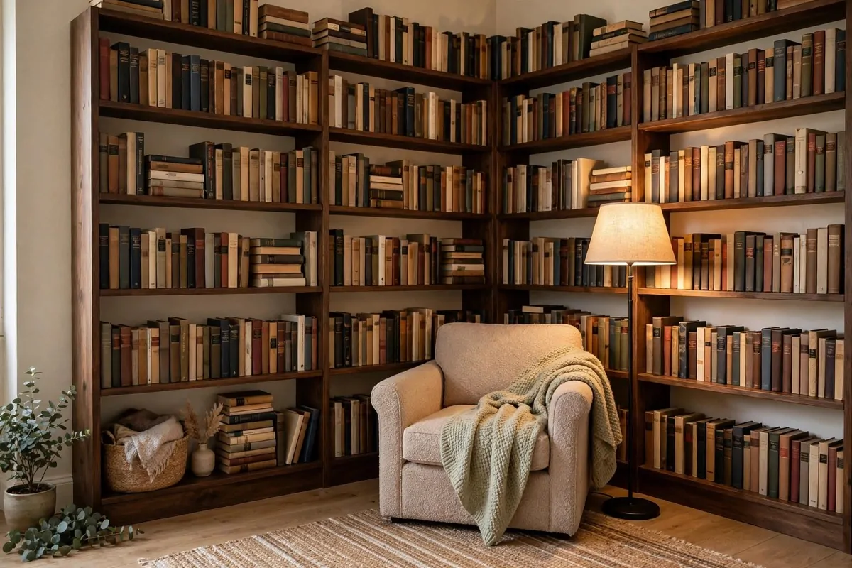 L-shaped corner bookshelves with a cozy reading chair tucked in