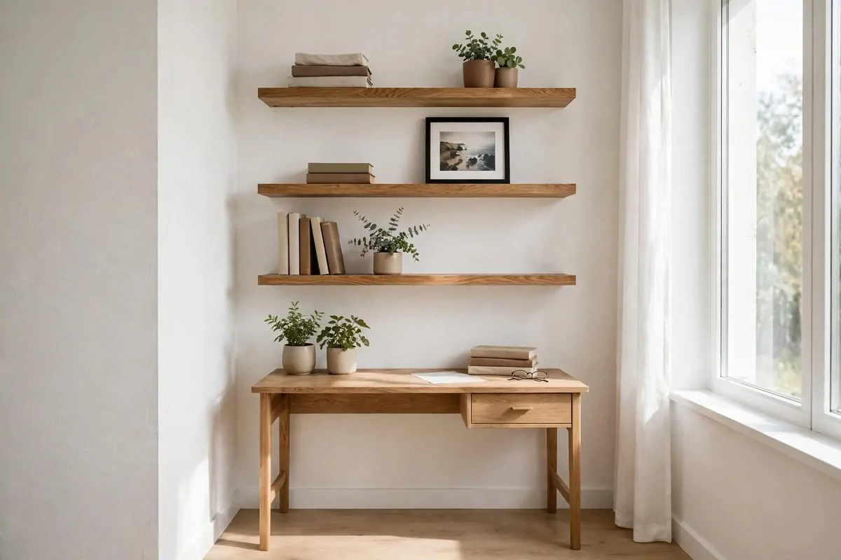 Floating wooden shelves on a white wall styled with books and a small plant