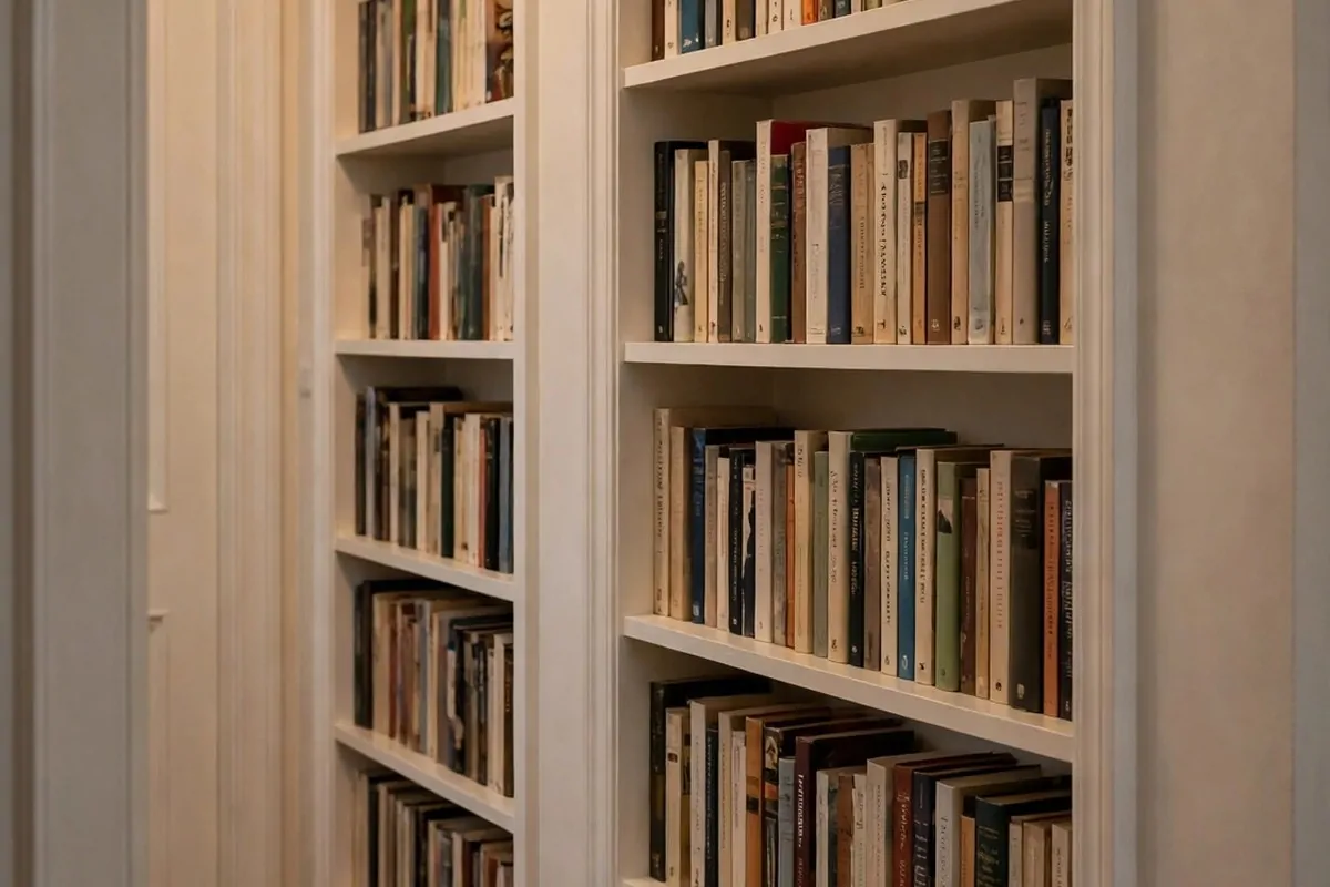 Recessed bookshelf built into a wall in a narrow hallway