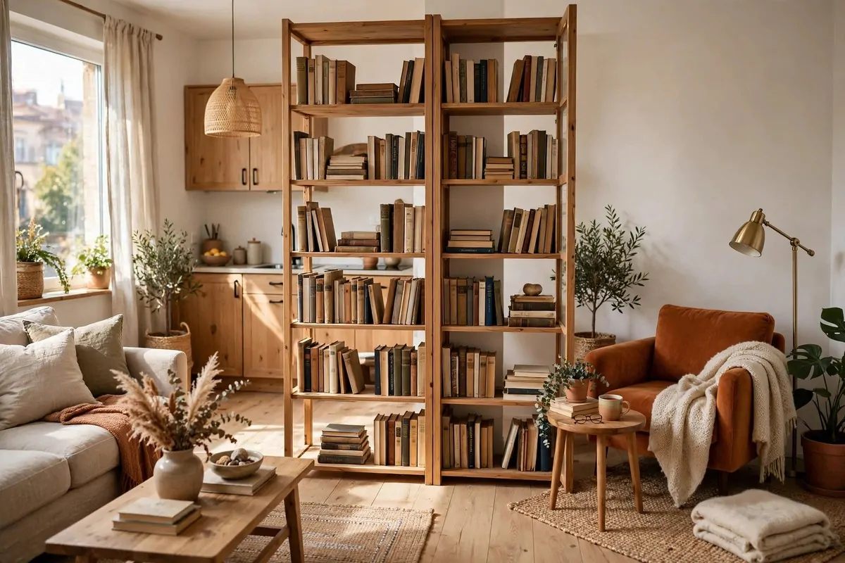 Open backless bookcase dividing a studio room into living and reading areas