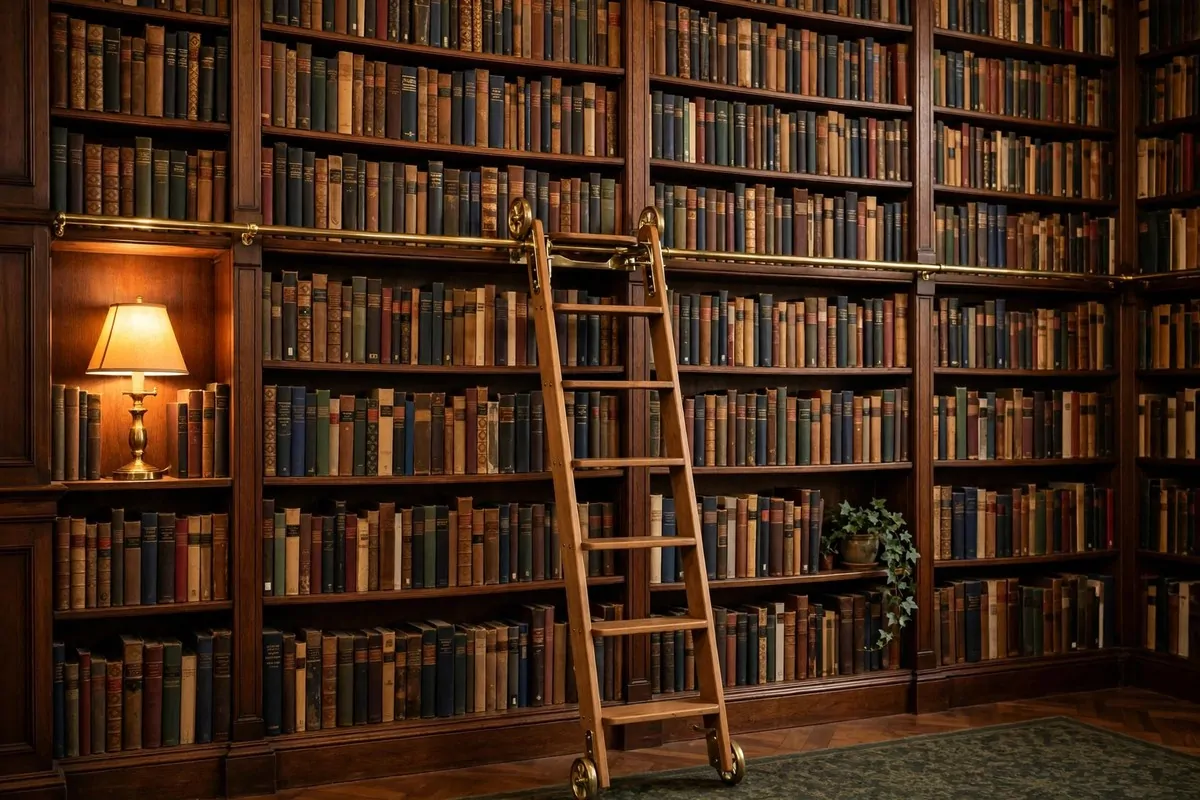 Wooden rolling library ladder on a rail in front of tall bookshelves